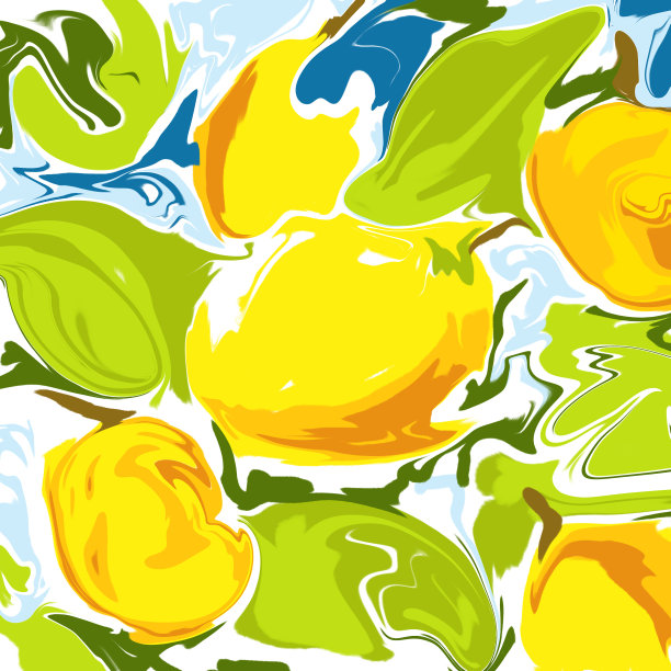 色彩丰富，令人愉快的背景与柠檬，黄色明亮的水果，反映在水中。图片下载