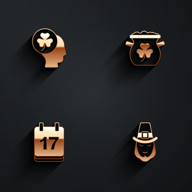 三叶草三叶草的头像，一罐金币，圣帕特里克节日历和长影子的小妖精图标。向量图片下载