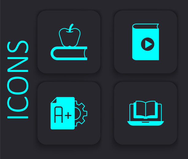 设置在线课程，苹果图书，音频书籍和考试表加分数图标。黑色方形按钮。向量图片下载