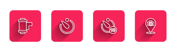 设置线相机卷墨盒，定时器，和照片相机长阴影。红色方块按钮。向量图片下载