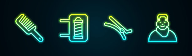 在理发店内设置线梳、理发杆、理发夹和客户端。发光的霓虹灯图标。向量图片下载