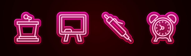 舞台架、黑板、笔、闹钟。发光的霓虹灯图标。向量图片下载