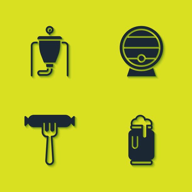 设置啤酒酿造过程，可与泡沫，香肠上叉和木桶架图标。向量图片下载