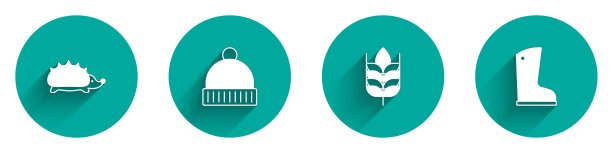 设置刺猬，冬帽，小麦和防水胶靴图标与长影子。向量图片下载