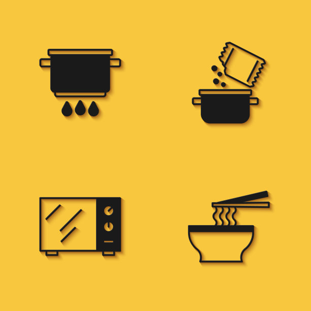 设置烹饪锅着火，亚洲面条碗，微波炉和香料图标与长影子。向量图片下载