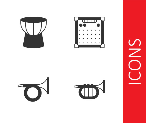 设置小号，非洲达布卡鼓，和吉他放大器图标。向量图片下载