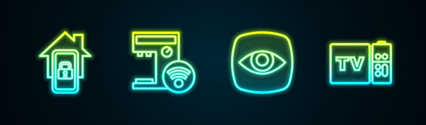设置线移动与智能家居，智能咖啡机，安全摄像头和多媒体和电视盒接收器。发光的霓虹灯图标。向量图片下载
