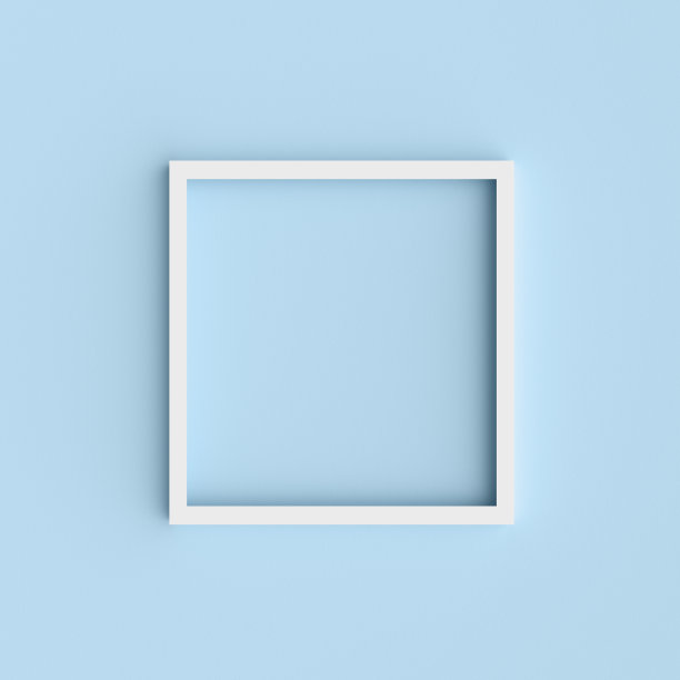 白色，方形，空白相框挂在蓝色的墙壁背景。抽象三维渲染。空白模拟框架在墙上。图片下载
