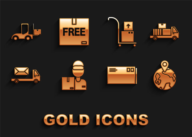 集送货员与纸箱，卡车，全球，信封，邮政，手和，叉车和纸板免费符号图标。向量图片下载