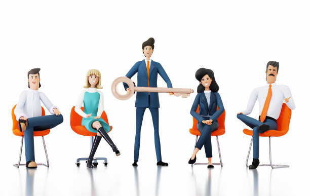 一群商务人士坐在椅子上开会。三维渲染图图片下载