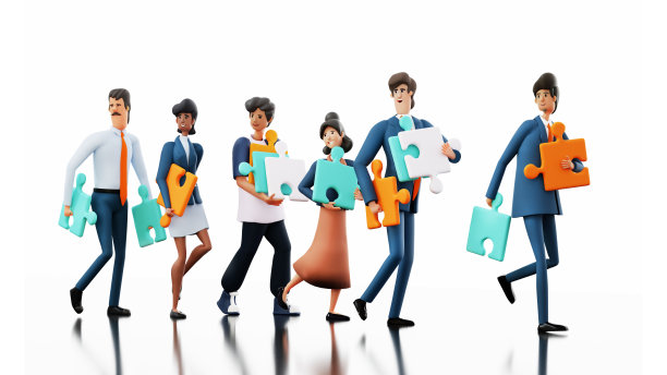 快乐的商务人士带着拼图行走。三维渲染图图片下载