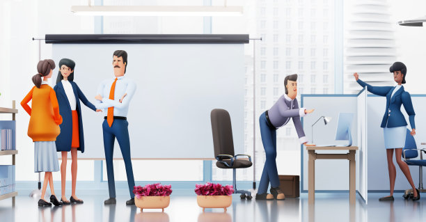 成功的商业团队在办公室一起工作，在一个项目上合作，交谈和分享想法。三维渲染图图片下载