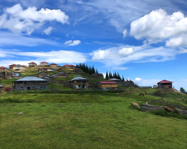 黑海高地森林村舍天空油画观图片下载