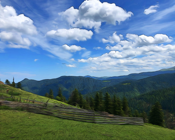 黑海高地森林村庄房屋天空木栅栏油画视图图片下载