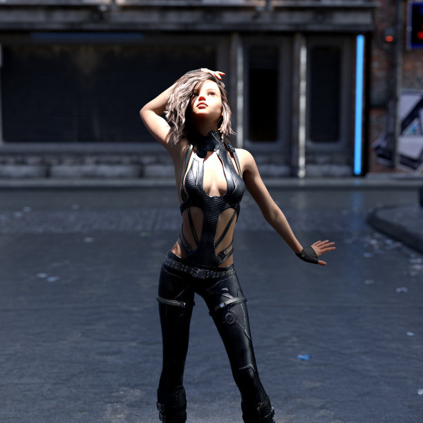 一个年轻女子的插图，她的手放在头上，在一个荒芜的街道上向上看。图片下载