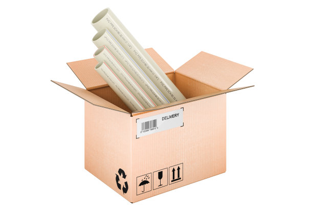 PVC管，复合管，uPVC管，cPVC管内纸箱，交货概念。三维渲染图片下载