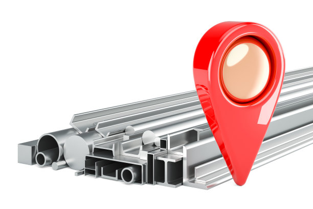 堆叠的轧制金属产品与地图指针，3D渲染图片下载