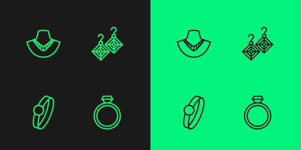 集行钻石订婚戒指，项链模特和耳环图标。向量图片下载