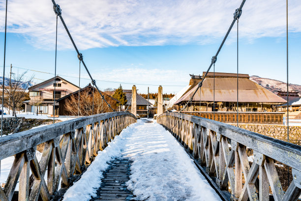 冬天的白波村大出吊桥图片下载