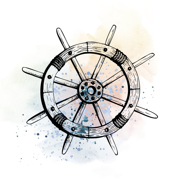 木船方向盘手绘在水彩污渍和飞溅的背景上的图形技术。插图，白色背景上孤立的海洋成分。海报、卡片图片下载