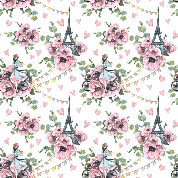 埃菲尔铁塔，一个巴黎女孩，粉红色的心，海葵花和节日花环。水彩插图。白色背景上的无缝图案。用于织物，壁纸，包装纸，剪贴簿。图片下载