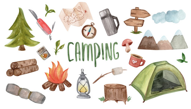 水彩露营元素设置孤立的白色背景。营地和旅游水彩素描。自然概念图片下载