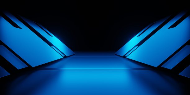 三维渲染的蓝色霓虹灯发光的飞船走廊走廊背景。场景广告，技术，展厅，横幅，游戏，体育，商业，元世界。科幻小说插图。产品显示图片下载