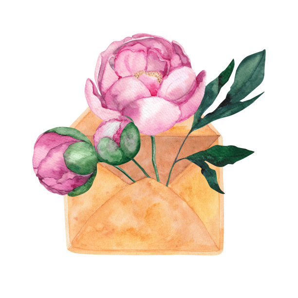 水彩信封和一束牡丹。一个装满粉红色大花的旧信封。水彩复古信封。老式邮件图标孤立在白色背景图片下载