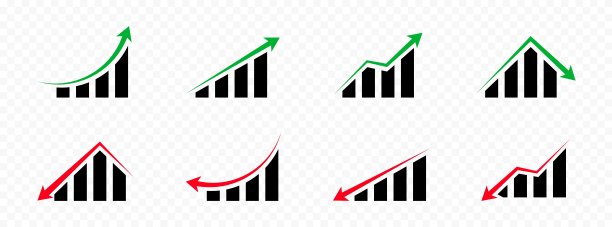 黑色统计图形图标集。增长条形图图标集。业务图形和图表图标。统计和分析矢量图标。统计和数据，图表图表向下或向上箭头。向量图片下载