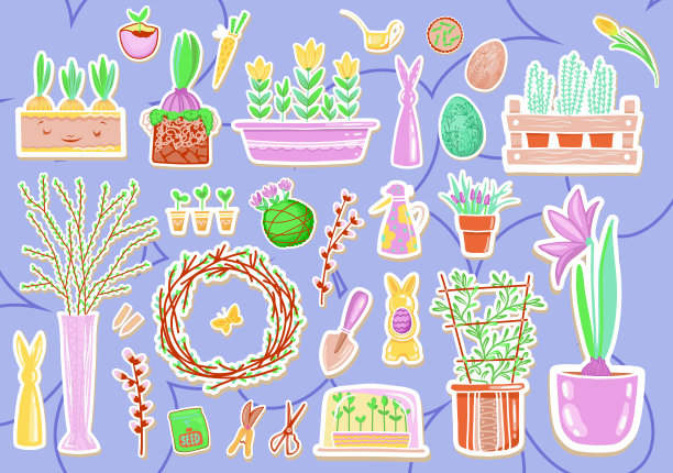 春天的贴纸，磁铁收集装饰花卉和花园设计。种植植物图片下载