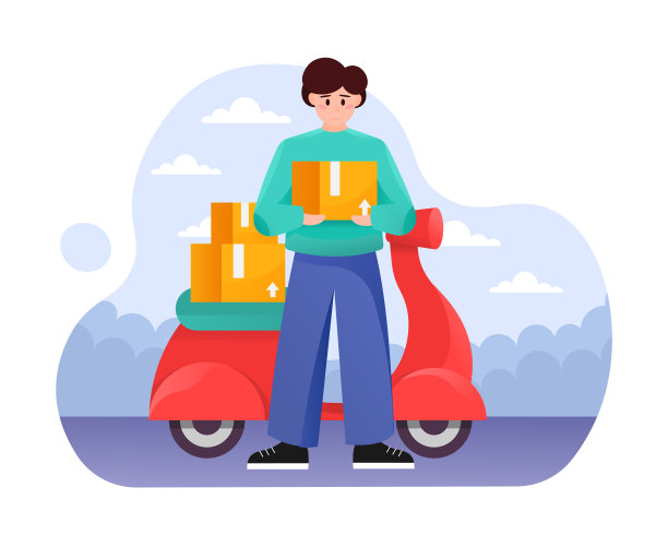 卡通人物的年轻男子在摩托车上作为快递员图片下载