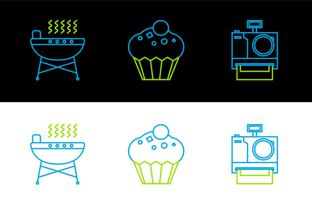 设置线拍照相机烧烤烤架和松饼图片下载