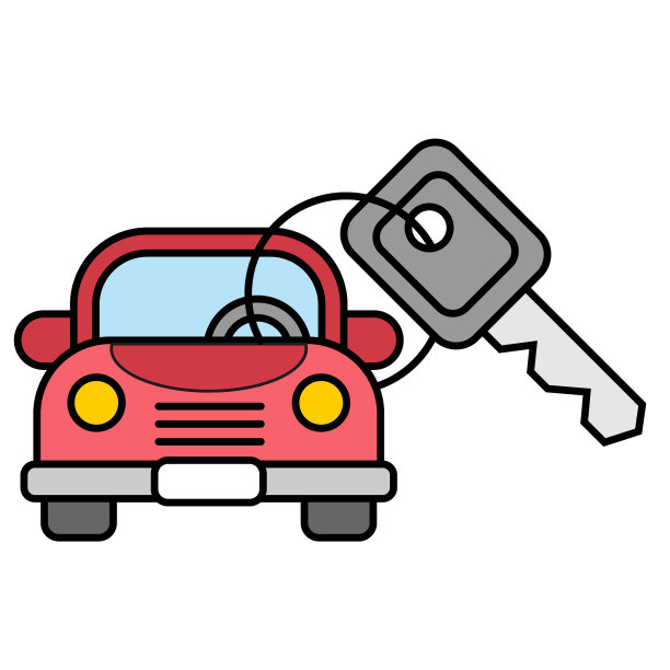 汽车和钥匙图标。彩色线条艺术卡通风格，透明背景上可编辑的矢量文件。新购车理念。图片下载