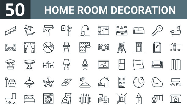 一套50个轮廓网络家庭房间装饰图标，如楼梯，日光浴床，滚筒刷，衣架，吸尘器，衣柜，厨房矢量薄图标报告，演示，图表，网页设计，图片下载