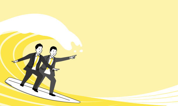 两个商人骑大浪和冲浪板的插图，粗糙的海浪的图像，矢量图片下载