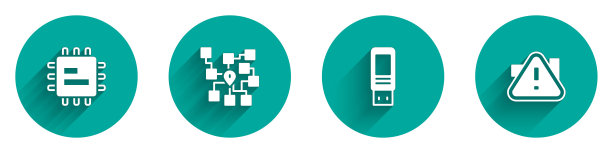 设置处理器CPU、神经网络、u盘和感叹号为带长阴影的三角形图标。向量图片下载