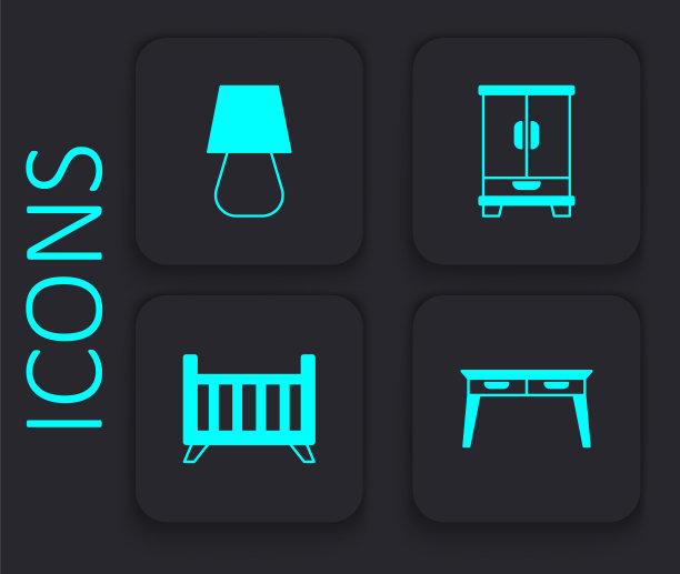 设置办公桌，台灯，衣柜和婴儿床摇篮床图标。黑色方形按钮。向量图片下载