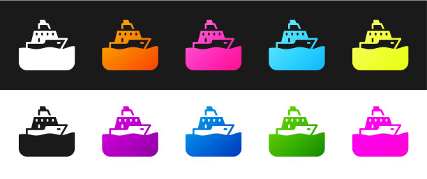 设置邮轮图标隔离在黑色和白色背景。旅游旅游航海运输。远航客轮、邮轮。全球巡航。向量图片下载