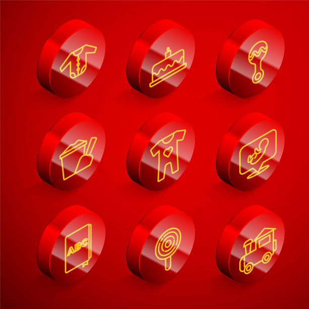 套装线婴儿衣服，蛋糕与燃烧的蜡烛，拨浪鼓婴儿玩具，沙桶铲，ABC书和棒棒糖图标。向量图片下载