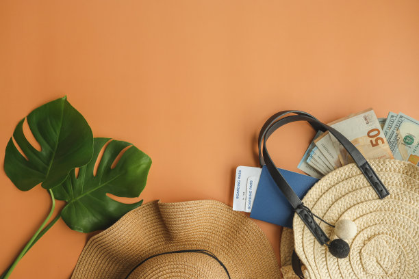 夏天的背景。柳条帽子，包护照，机票和钱，度假的概念图片下载