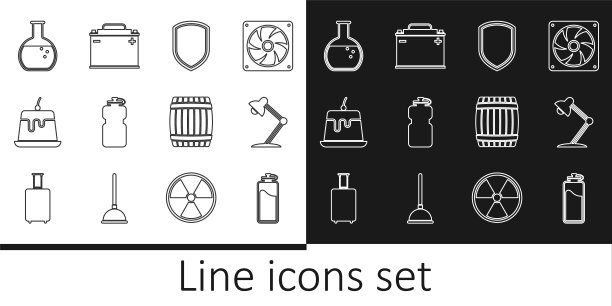 设置线运动瓶与水，台灯，盾牌，布丁蛋羹，试管和烧瓶，木桶和汽车电池图标。向量图片下载