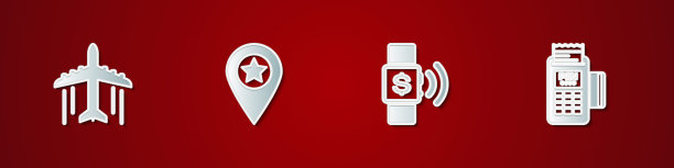 设置平面、位置带星号、非接触式支付和POS终端图标。向量图片下载