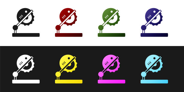 设置表锯木制品图标隔离在黑色和白色背景。电锯工作台。向量图片下载