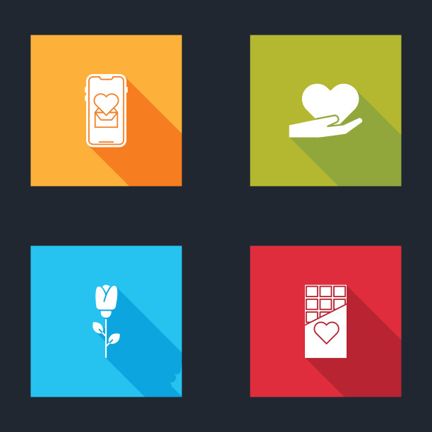 设置移动与心，心在手，花玫瑰和巧克力棒图标。向量图片下载