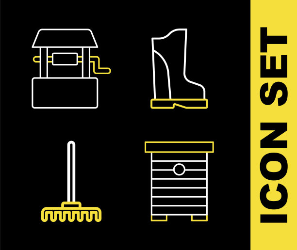 设置线防水橡胶靴，蜂箱，花园耙和井图标。向量图片下载