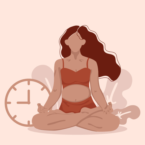 瑜伽孕妇在花和钟。交付时间。怀孕和做母亲。等着孩子。矢量平面图片下载