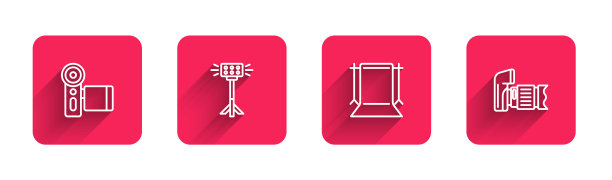 设置线影院相机，工作室灯泡软箱，空照相馆和照片与长阴影。红色方块按钮。向量图片下载