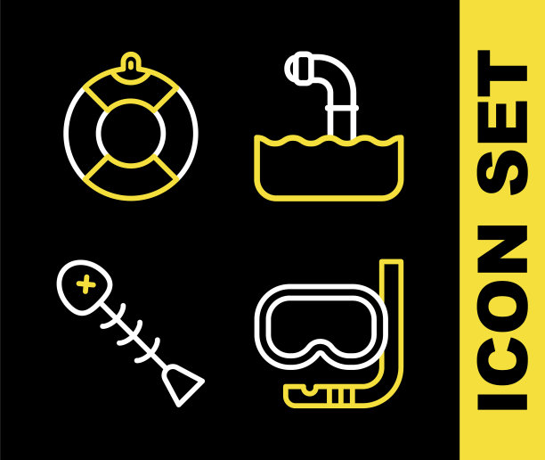 设置线潜望镜，潜水面具和通气管，死鱼和救生圈图标。向量图片下载