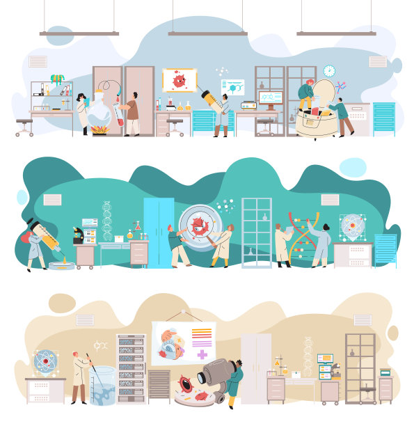 防病毒疫苗。科学家进行科学研究，实验室助理与试管场景设置图片下载