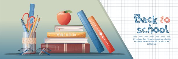 横旗回学校与学校科目和元素。教育，知识，学习。背景与成堆的书籍和文具，眼镜。图片下载